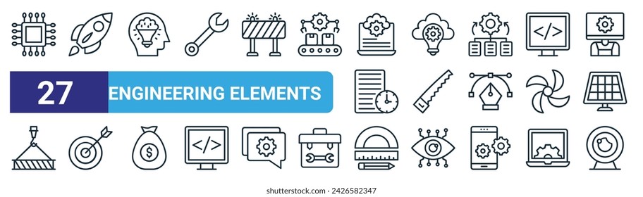 set of 27 outline web engineering elements icons such as microprocessor, startup, analytical thinking,  , hand saw, dartboard, drafting tools, video chat vector thin line icons for web design,