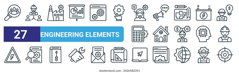 set of 27 outline web engineering elements icons such as talent search, business team, factory, viral marketing, building, manual book, laptop, cog vector thin line icons for web design, mobile app.