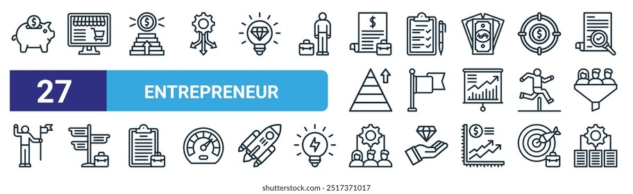 set of 27 outline web entrepreneur icons such as saving, ecommerce, steps, statistics, flag, path, teamwork, tings vector thin line icons for web design, mobile app.