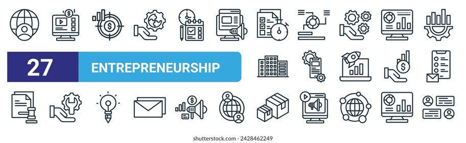 conjunto de 27 iconos de emprendimiento web de esquema tales como internacional, vídeo, objetivo, gráfico circular, desarrollo móvil, servicio de gestión, producto, vector de comunicación, iconos de línea delgada para el diseño web,