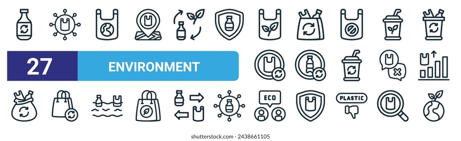 set of 27 outline web environment icons such as bottle, plastic bag, plastic bag, plastic bag, bottle, talk, earth day vector thin line icons for web design, mobile app.