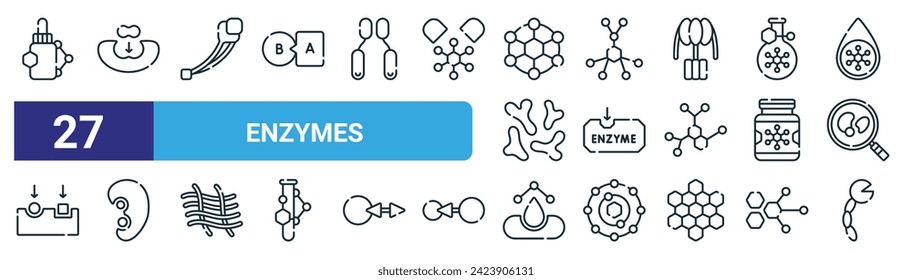 set of 27 outline web enzymes icons such as drop, enzyme, enzyme, enzyme, vector thin line icons for web design, mobile app.