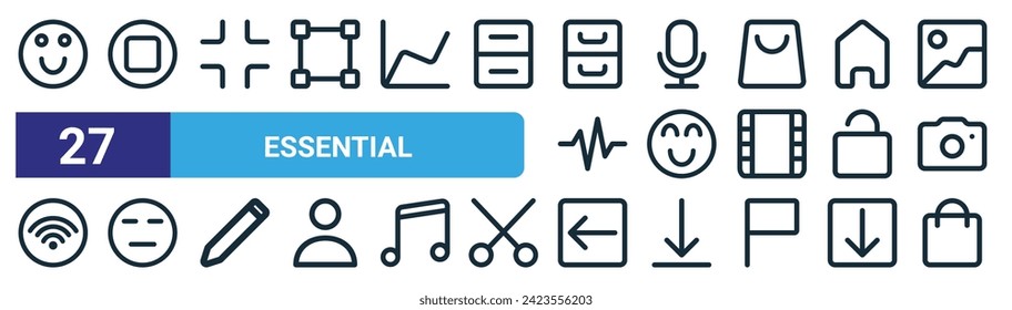 set of 27 outline web essential icons such as like, stop, minimize, microphone, smile, dissapointing, previous, bag vector thin line icons for web design, mobile app.