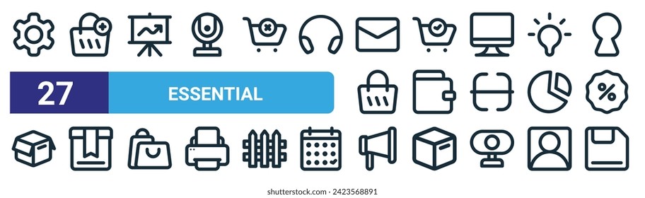 conjunto de 27 iconos esenciales de la web de contorno como ting, shop, presentación, trolebús, pago, regalo, megáfono, guardar iconos de línea delgada vectorial para el diseño web, aplicación móvil.