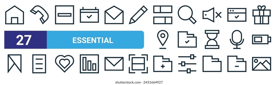 set of 27 outline web essential icons such as home, telephone, minus, search, folder, paper, add folder, gallery vector thin line icons for web design, mobile app.