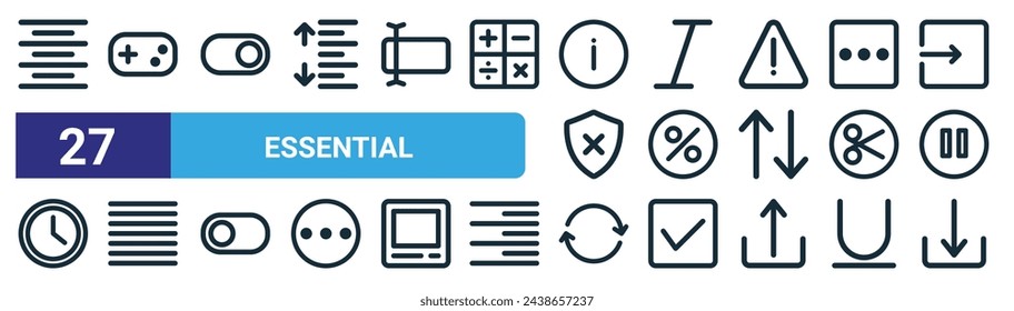 set of 27 outline web essential icons such as center, game, switch on, italic, percent, justify, sync, download vector thin line icons for web design, mobile app.