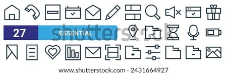 set of 27 outline web essential icons such as home, telephone, minus, search, folder, paper, add folder, gallery vector thin line icons for web design, mobile app.