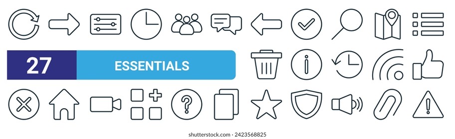 set of 27 outline web essentials icons such as refresh, foward, control, check, info, home button, favourite, alert vector thin line icons for web design, mobile app.
