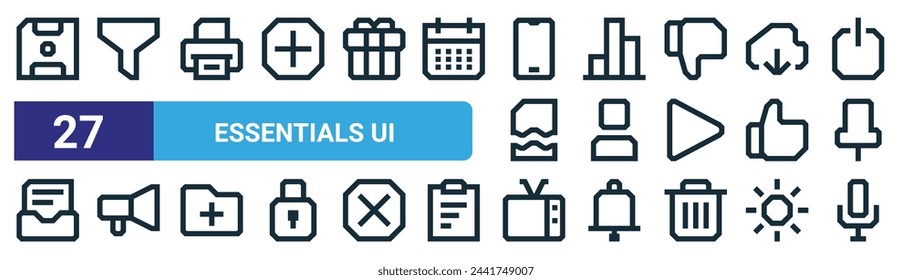 set of 27 outline web essentials ui icons such as save, funnel, printer, graph, user, megaphone, tv, microphone vector thin line icons for web design, mobile app.