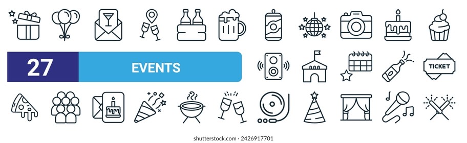 set of 27 outline web events icons such as gift box, balloons, invite, disco ball, hall, crowd, vinyl, sparkler vector thin line icons for web design, mobile app.