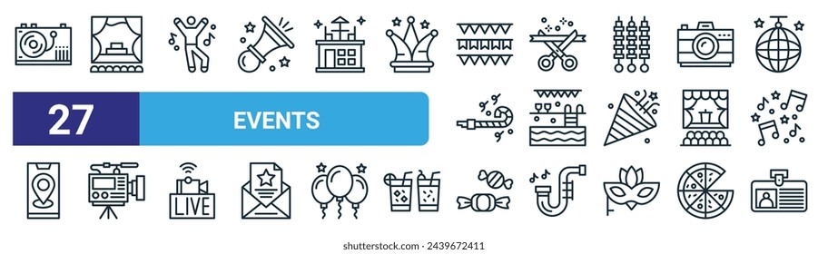 set of 27 outline web events icons such as vinyl player, event hall, dancer, opening ceremony, pool party, video camera, candy, id card vector thin line icons for web design, mobile app.