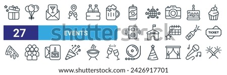 set of 27 outline web events icons such as gift box, balloons, invite, disco ball, hall, crowd, vinyl, sparkler vector thin line icons for web design, mobile app.