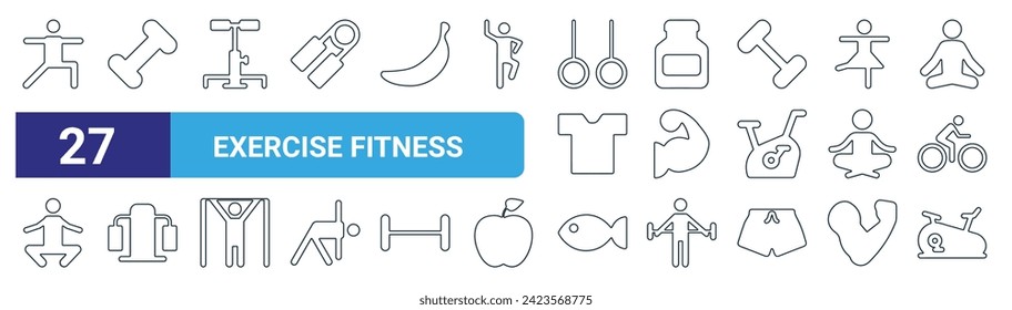 conjunto de 27 contornos web ejercicio fitness iconos como ejercicio, dumbbell, hine, medicina, brazo, hine, pez, ciclismo vectores de línea delgada iconos para diseño web, aplicación móvil.