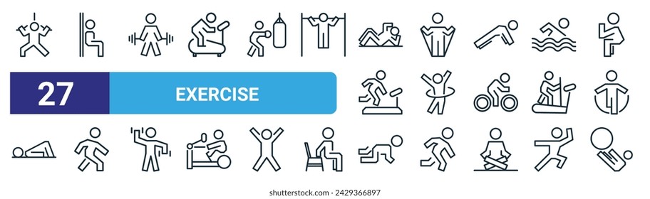 set of 27 outline web exercise icons such as muscle builder, exercise, weight lift, resistance band,  , walk, leg lift, pilates vector thin line icons for web design, mobile app.