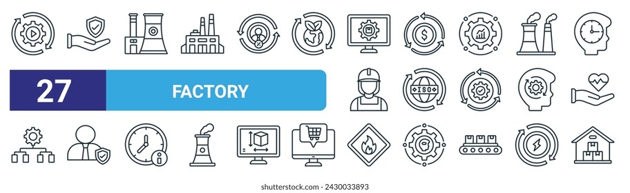 set of 27 outline web factory icons such as autonomous, life insurance, plant, turnover, iso, employee benefits, hazard, inventory vector thin line icons for web design, mobile app.