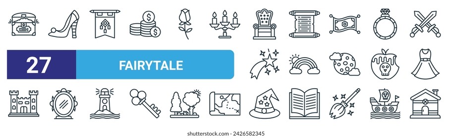 set of 27 outline web fairytale icons such as treasure chest, high heels, standard, scroll, rainbow, magic mirror, wizard hat, gingerbread house vector thin line icons for web design, mobile app.
