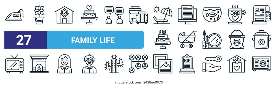 set of 27 outline web family life icons such as iron, flower pot, home insurance, exam, stroller, fireplace, photo album, safe box vector thin line icons for web design, mobile app.