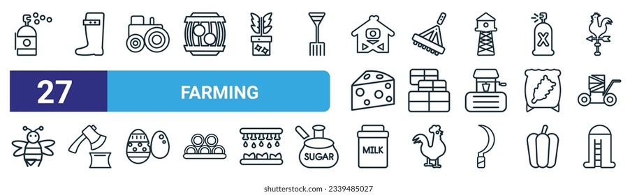 set of 27 outline web farming icons such as pesticide, farmer boots, tractor, farming fork, bale, wood chop, milk jar, silo vector thin line icons for web design, mobile app.