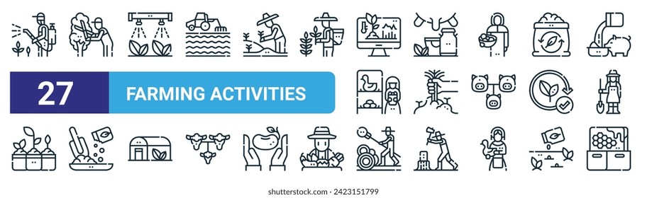 set of 27 outline web farming activities icons such as pesticide, trimming, irrigation, milk, weeding, fertilizer, peasant, honey vector thin line icons for web design, mobile app.