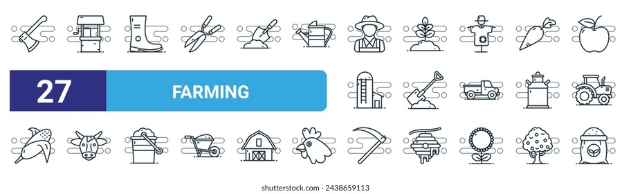 set of 27 outline web farming icons such as wood axe, water well, boot, planting, shovel, cow, sickle, fertilizer vector thin line icons for web design, mobile app.