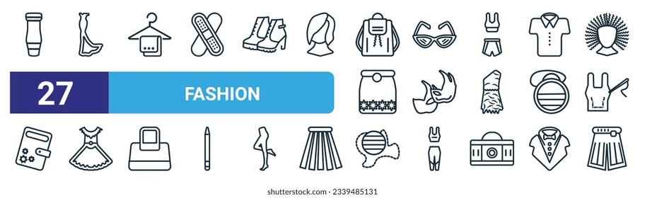 set of 27 outline web fashion icons such as strapless tube dress, long black gown, cloth towel, cat eyes glasses, two carnival masks, lace dress with belt, fashion bag, hakama vector thin line icons