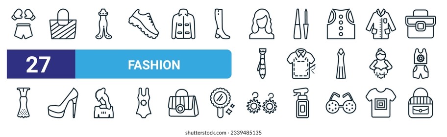 set of 27 outline web fashion icons such as boxing ring, female black handbag, female long black dress, liquid eyeliner, stitching, heel, dangling earrings, woman bag vector thin line icons for web