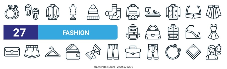 set of 27 outline web fashion icons such as diamond ring, flip flop, varsity jacket, sandal, purse, shorts, briefcase,   vector thin line icons for web design, mobile app.