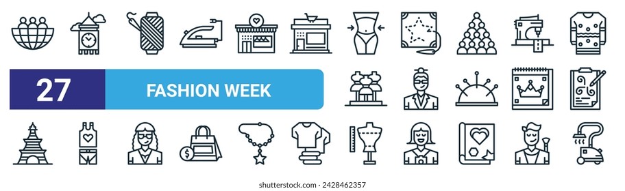 conjunto de 27 iconos de la semana de la moda web de contorno tales como, torre, hilo de aguja, aplique, estilista, moda, atelier, vector de vapor de línea delgada iconos para el diseño web, aplicación móvil.