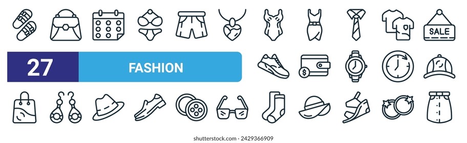 set of 27 outline web fashion icons such as slippers, handbag, calendar, dress, wallet, earrings, shock, skirt vector thin line icons for web design, mobile app.