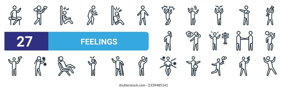 Set von 27 Umriss-Web-Gefühle Icons wie zufriedene menschliche, emotionale menschliche, müde Menschen, Blah inspirierte kalte frohe Vektorgrafiken dünnen Linie Icons für Web-Design, mobile App.