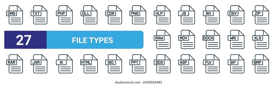 set of 27 outline web file types icons such as dmg, txt, php, js, mov, jar, ds, bmp vector thin line icons for web design, mobile app.