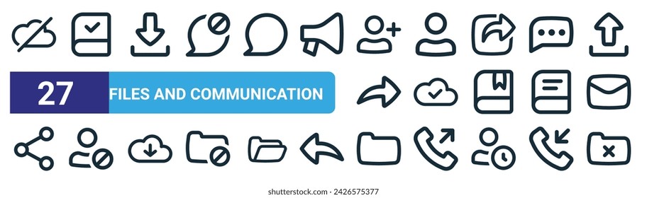 conjunto de 27 archivos web de esquema e iconos de comunicación como nube, libro, descarga, usuario, nube, usuario de bloque, carpeta, vector de carpeta de línea fina iconos para el diseño web, aplicación móvil.