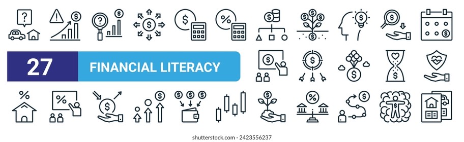 set of 27 outline web financial literacy icons such as decision, risk, knowledge, investment, money, tax, investment, installment plan vector thin line icons for web design, mobile app.