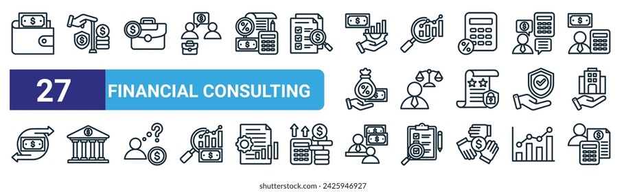 conjunto de 27 iconos de consultoría financiera web esquemática como cartera, plan de jubilación, negocios, análisis, abogado, banca, consultoría, contador vector de línea delgada iconos para el diseño web, aplicación móvil.