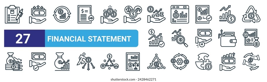 set of 27 outline web financial statement icons such as inventory, gross profit, retained earnings, low price, profit growth, finance, working, finance vector thin line icons for web design, mobile