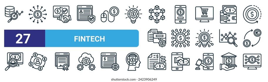 conjunto de 27 íconos de fintech web de contorno como análisis, distribución, peer to peer, banca móvil, crowdfunding, circulación, operaciones, iconos de delgada línea vector de plataforma para diseño web, aplicación móvil.