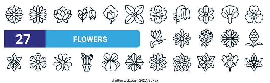 set of 27 outline web flowers icons such as anemone, daisy, lotus flower, bluebell, delphinium, fringed dianthus, aster, amarillys vector thin line icons for web design, mobile app.