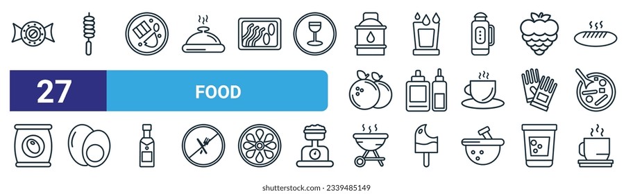 set of 27 outline web food icons such as polvoron, brochette, hainanese chicken, drink water, condiment, boiled egg, grill, coffee cup with steam vector thin line icons for web design, mobile app.