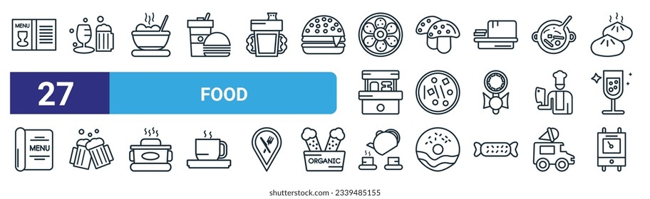 set of 27 outline web food icons such as drinks menu, alcoholic drinks, dandan noodles, mushrooms, winter melon soup, beers, tea ceremony, boiler vector thin line icons for web design, mobile app.