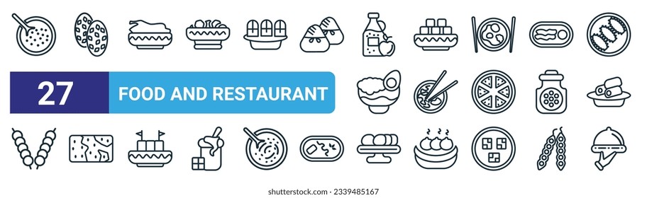 set of 27 outline web food and restaurant icons such as black sesame soup, shaobing, peking duck, tofu, beef chow fun, brittle, zhaliang, restaurant service vector thin line icons for web design,