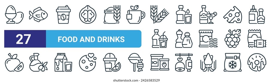 conjunto de 27 iconos de alimentos y bebidas web esquemáticas como huevos, pescado, café, agua, condimentos, aceite, alimentos enlatados, donar iconos de línea delgada vectorial para diseño web, aplicación móvil.