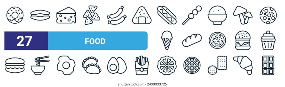 set of 27 outline web food icons such as donut, dorayaki, cheese, dango, bread, noodles, rotelle, chote bar vector thin line icons for web design, mobile app.