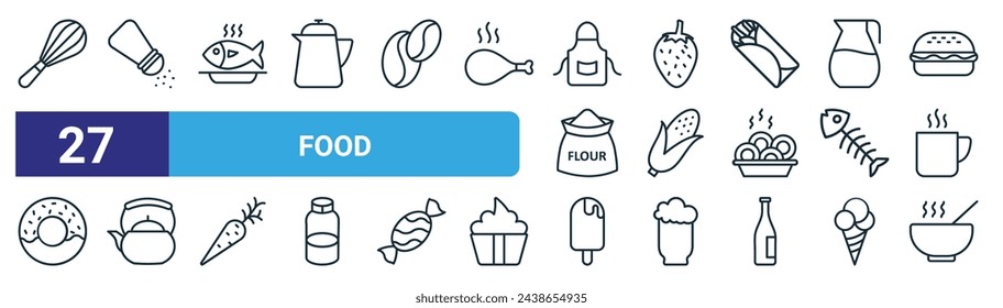 set of 27 outline web food icons such as mixer, salt, fish, strawberry, corn, tea pot, ice pop, hot food vector thin line icons for web design, mobile app.