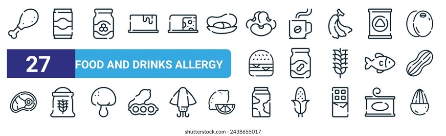 set of 27 outline web food and drinks allergy icons such as chicken leg, beer, honey, coffee cup, peanut butter, wheat flour, milk, almond vector thin line icons for web design, mobile app.