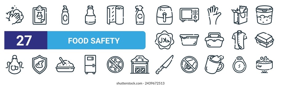 set of 27 outline web food safety icons such as hand wash, lab test, sanitizer, microwave, storage, food safety, knife, soup vector thin line icons for web design, mobile app.