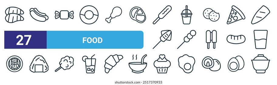 set of 27 outline web food icons such as sashimi, hot dog, candy, bubble tea, dango, onigiri, cupcake, miso vector thin line icons for web design, mobile app.