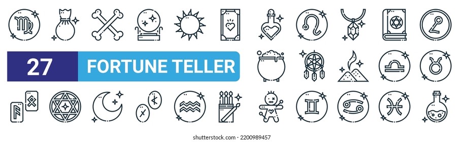 Set Of 27 Outline Web Fortune Teller Icons Such As Virgo, Magic Dust, Bones, Leo, Dreamcatcher, Hexagram, Voodoo Doll, Potion Vector Thin Line Icons For Web Design, Mobile App.