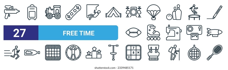 conjunto de 27 iconos de esquema web de tiempo libre como cañón de agua, bolsas, tren de juguetes, paracaidismo, rodillo, barco en una botella, sudoku, raqueta de tenis vectores de línea delgada iconos para el diseño web, aplicación móvil.