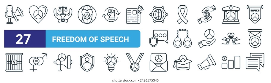 set of 27 outline web freedom of speech icons such as freedom of speech, peace, balance, ribbon, handcuffs, equality, email, speech vector thin line icons for web design, mobile app.
