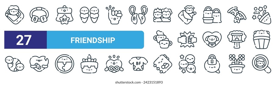 set of 27 outline web friendship icons such as video call, bracelet, calendar, letter, fist bump, heart, notebook, searching vector thin line icons for web design, mobile app.